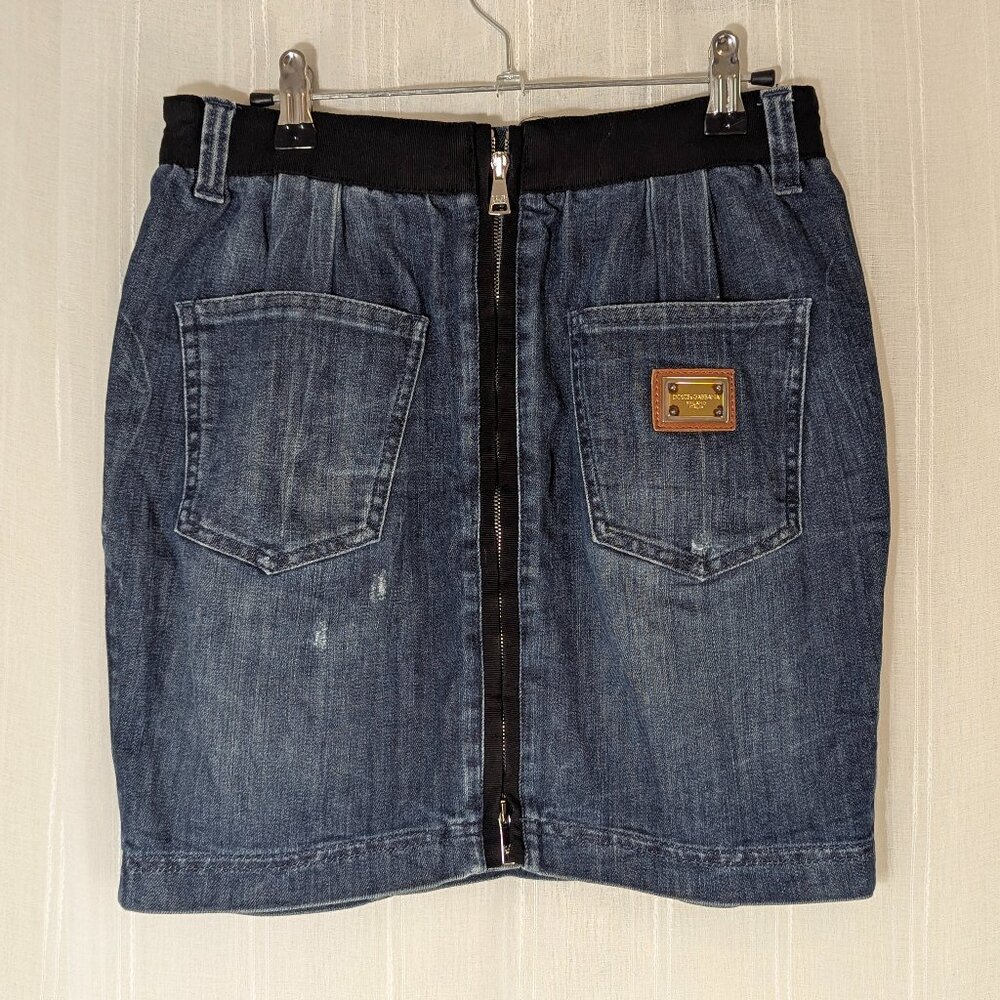 Dolce & Gabbana Full Zip Distressed Denim Midi Skirt with Metal Logo Plate